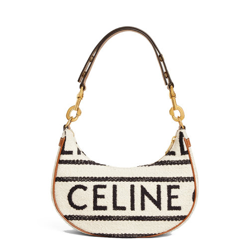 CELINE/赛琳 22新款AVA系列 女士中号黑色白色织物包面棕色皮革细节金扣单肩手提腋下包196922EFU.01WB