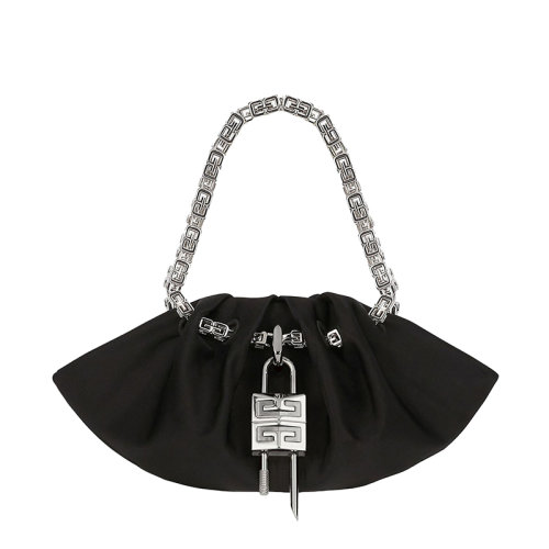 Givenchy/纪梵希 22春夏新款Kenny系列 女士小号黑色桑蚕丝褶裥效果缎面银扣G形立方体链条提手单肩手提链条包BB50NTB1FZ-001