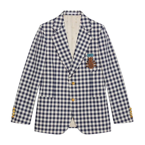 GUCCI/古驰 22年春夏新款 PINEAPPLE系列 男士蓝色和白色格纹聚酯纤维菠萝和玫瑰刺绣夹克673161ZAGFV9505