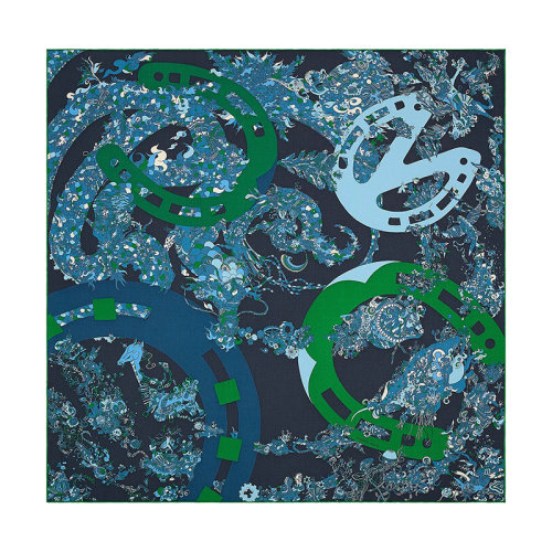 HERMES/爱马仕 22年早春新款 Carré H 100 Quatre Chevaux系列 男士拼色羊绒真丝混纺围巾H103807T07