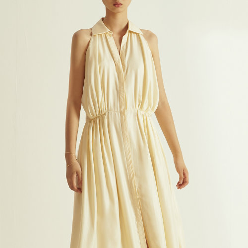 nisiss/怡夕超长前摆开衩褶饰连身裙女士连衣裙N163AO41