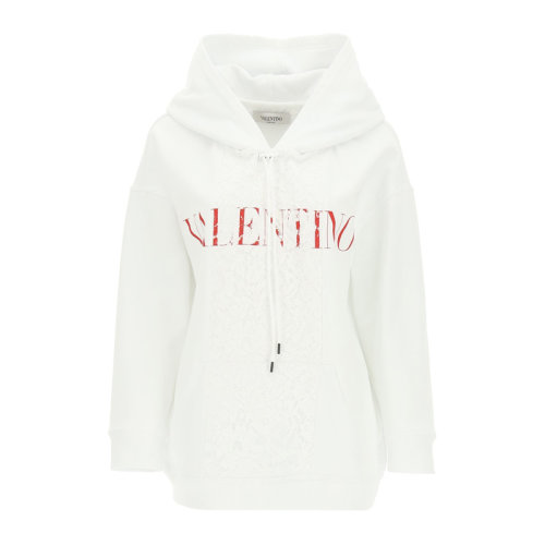 Valentino/华伦天奴 女士白色棉质平纹针织重磅蕾丝经典字母徽标印花装饰连帽抽绳长袖上衣卫衣连帽衫套头衫运动衫 WB3MF10S-6FU-A33