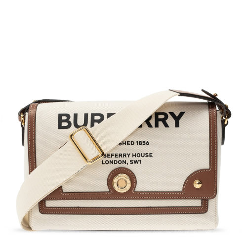 BURBERRY/博柏利  NOTE系列女士白棕拼色帆布配皮字母徽标印花口盖包手拿包斜挎包单肩包女包 8030249