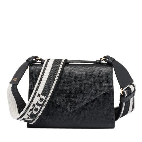PRADA/普拉达 22年新款Monochrome系列 女士黑色Saffiano皮革配可拆卸徽标印花刺绣织带翻盖开合斜跨单肩包1BD3_2ERX_F0002_V_3O3