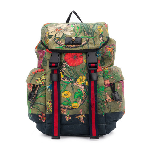 GUCCI/古驰 男士军绿色帆布花草蛇刺绣双肩包旅行包 478327-9LNAX-3774