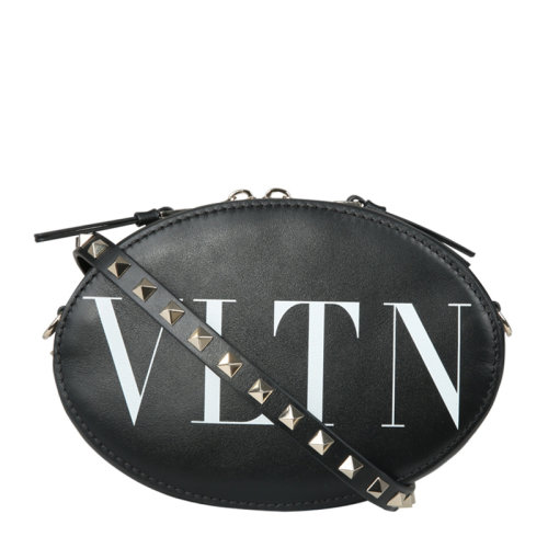 Valentino/华伦天奴 女士黑色皮革经典字母徽标印花铆钉装饰拉链开合单肩包斜挎包女包 RW2B0C47-RCH-NER