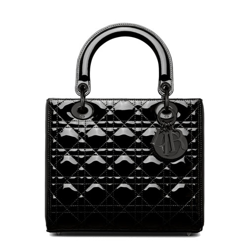 DIOR/迪奥 20  LADY DIOR系列 女士中号黑色亮漆藤格纹小牛皮拉链单肩手提戴妃包M0565NWDD_M900