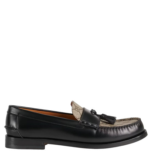 GUCCI/古驰 22年春夏新款 PINEAPPLE系列 男士黑色皮革与米色和乌木色老花帆布流苏乐福鞋67381717X301063