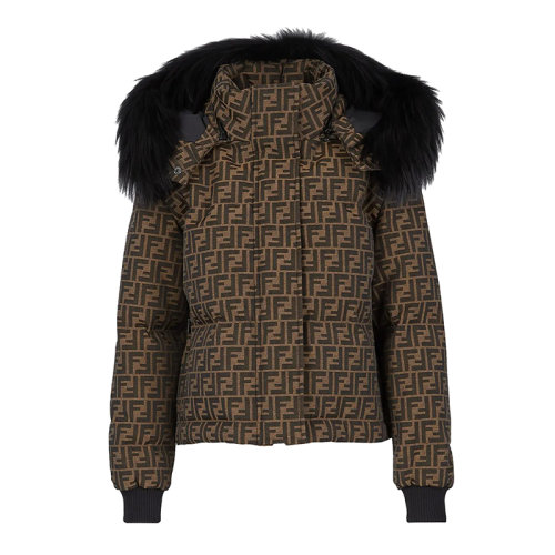 FENDI/芬迪      女士棕色帆布可拆卸风帽饰有狐狸毛短款羽绒夹克FAN048AGMPF13IZ