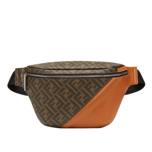 FENDI/芬迪  FF图案织物面料拼接棕色小牛皮斜挎香蕉包腰包7VA434AFB4F1DZA