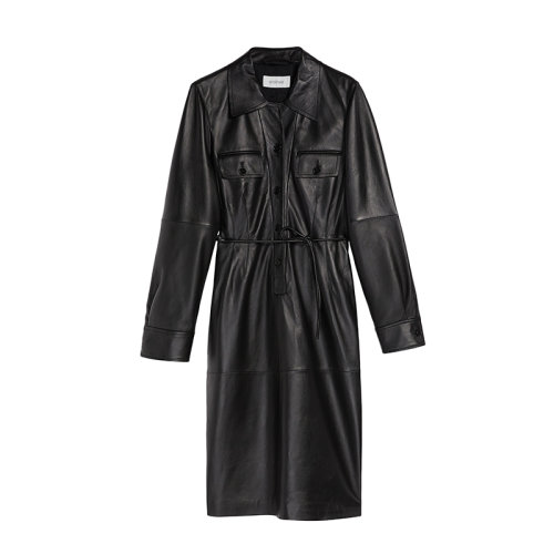 MaxMara/麦丝玛拉 22年早春新款 FAVOLA系列 女士黑色纳帕羊皮衬衫裙连衣裙2421022706003