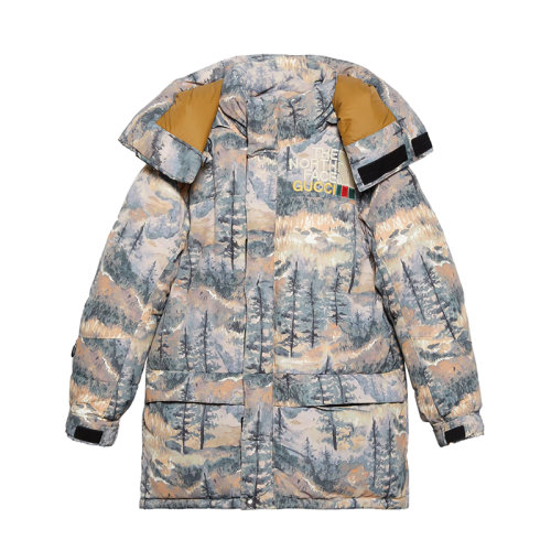 GUCCI/古驰 22秋冬款 The North Face联名系列 女士多色聚酰胺饰有彩色刺绣LOGO彩色印花森林图案固定风帽羽绒服?663921XAADD3229