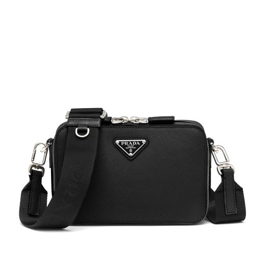 PRADA/普拉达 22年新款Brique系列 男士黑色Saffiano皮革银扣三角徽标配织物肩带单肩斜跨包2VH070_9Z2_F0002_V_EMI