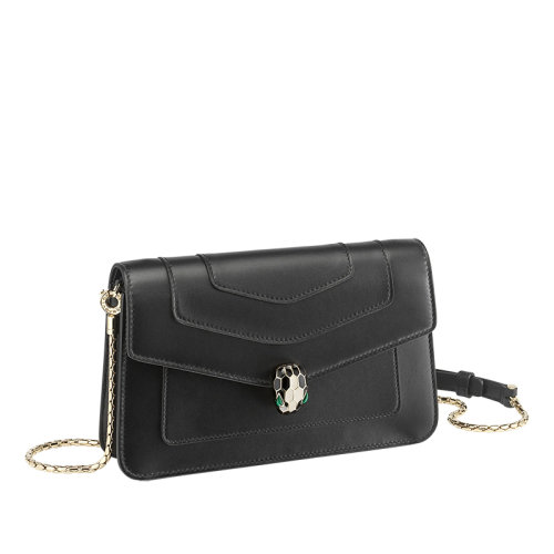 BVLGARI/宝格丽 经典SERPENTI FOREVER系列 女士黑色黑色小牛皮翠绿色内衬蛇首搭扣单肩斜挎链式钱包290838