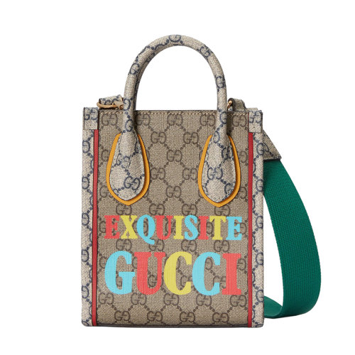 GUCCI/古驰 22新款Exquisite系列 男女同款迷你米色/乌木色老花帆布饰系列彩色印花单肩手提托特包699406FAAWA9782