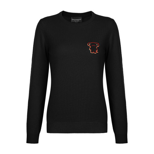 Emporio Armani/安普里奥阿玛尼 黑色 女士中国限定款卡通生肖图贴灯笼袖羊绒针织衫【CNY CAPSULE】 3H2MWY-2M74Z-0999