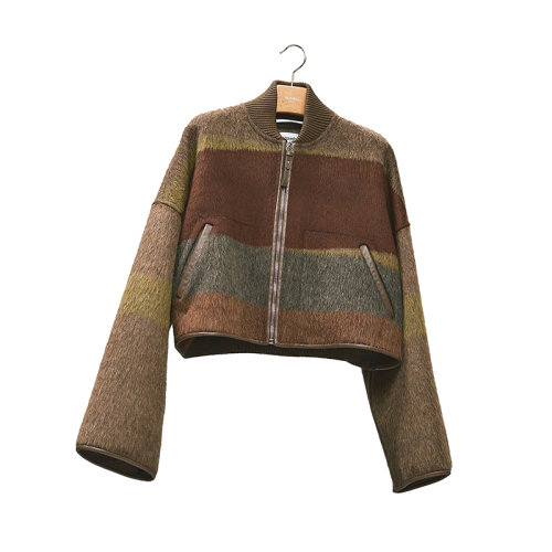 HERMES/爱马仕 22年秋冬新款 女士洛登绿色羊绒混纺图案短款飞行员夹克H2H0121DD4P36