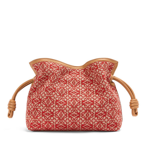 LOEWE/罗意威 22春夏新款Flamenco系列 女士迷你红色帆布老花刺绣配暖沙色皮革配肩带单肩斜跨抽绳手拿包0010683274