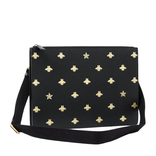 GUCCI/古驰 男士黑色牛皮蜜蜂和星星图案印花拉链开合单肩包斜挎包公文包男包 450976-DJ2MT-8474