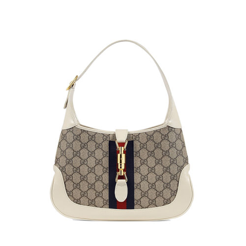 GUCCI/古驰 22春夏新款Jackie 1961系列 女士小号米色/乌木色老花帆布白色皮革滚边金扣红蓝织带装饰腋下手提包636706HUHHG9794