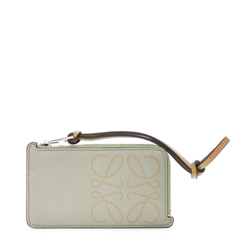 LOEWE/罗意威 20  Brand系列 女士浅绿色/深金色经典小牛皮切割徽标拉链卡包0010593796
