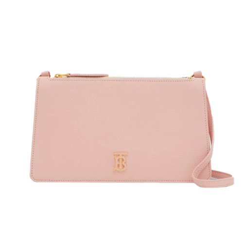 BURBERRY/博柏利 22新款 女士粉色鞣制粒面皮革金色字母标志抛光金属皮表带肩背斜挎手拿包80626991