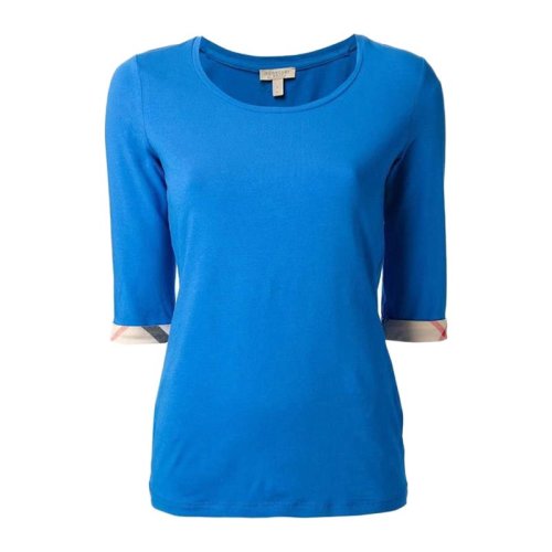 BURBERRY/博柏利 女装 服饰 时尚潮流 蓝色 格纹弹力棉七分袖上衣 女士短袖T恤 3905561