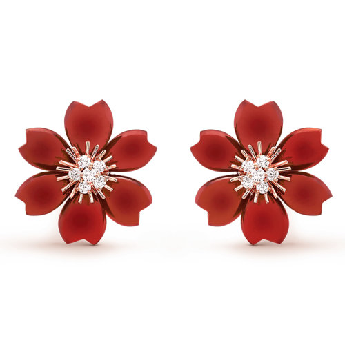 Van Cleef & Arpels/梵克雅宝 经典Rose de No?l系列 18k金玫瑰金镶嵌钻石红玉小号玫瑰耳环VCARO9B500