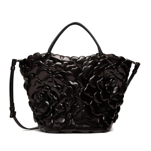 Valentino/华伦天奴  Atelier系列 女士黑色03玫瑰版小牛皮皮革花瓣水桶斜挎手提单肩包VW2B0I74JBZ0NO