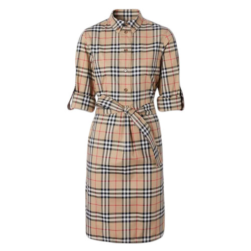BURBERRY/博柏利  女士米色束腰复古格纹弹力棉质衬衫连衣裙 80245851