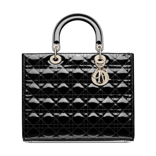 DIOR/迪奥 Lady Dior系列 女士大号黑色漆皮小牛皮菱格戴妃包手提包 M0566OWCB_M900