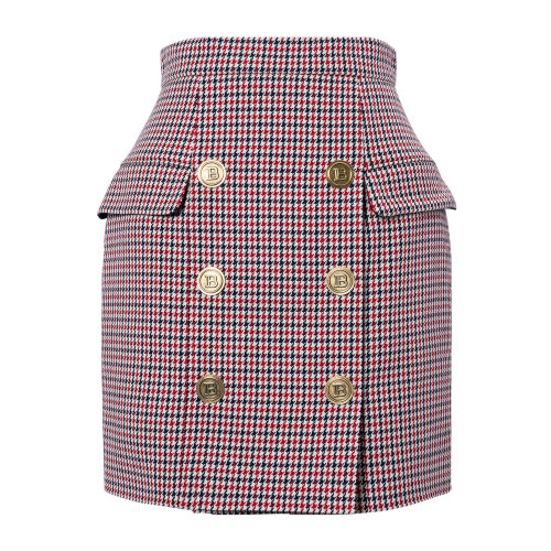 Balmain/巴尔曼 红色 女士6粒纽扣饰千鸟格纹高腰短裙 UF04004W100 秋冬