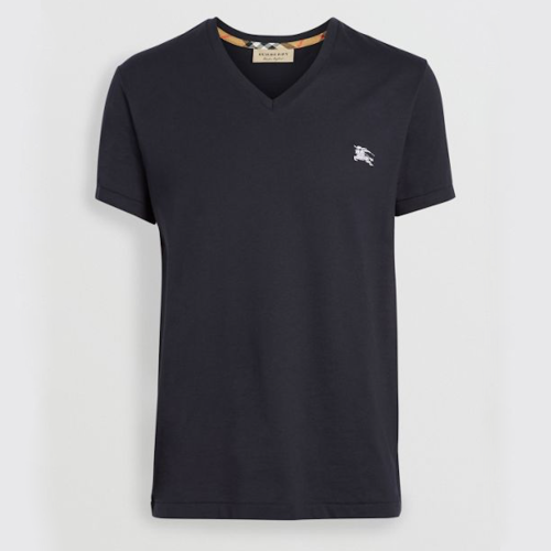 BURBERRY/博柏利 男士藏蓝色V领短袖T恤 胸前白色战马刺绣标 80038331【奥莱】