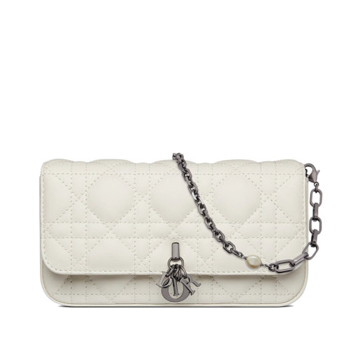 DIOR/迪奥 22新款LADY DIOR系列 女士奶白色藤格纹羊皮革翻盖开合单肩斜挎链条手机袋S0977BNMJ_M030