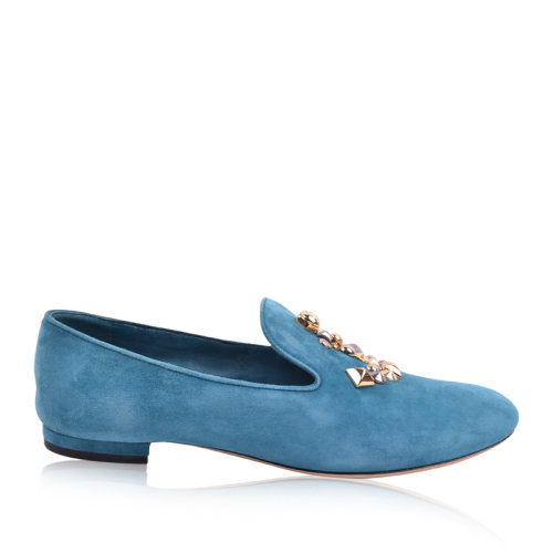 Louis Vuitton/路易威登 女士蓝绿色天鹅绒铆钉气质乐福鞋平跟单鞋