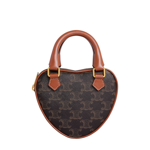 CELINE/赛琳 22春夏新款情人节款 女士中号老花涂层帆布黄褐色皮革手柄心形手提单肩斜挎包198222BZJ.04LU