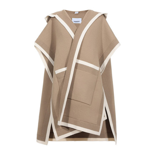 BURBERRY/博柏利 女士米棕拼色羊毛混纺羊绒字母徽标嵌花连帽围巾围脖斗篷披肩 8031582