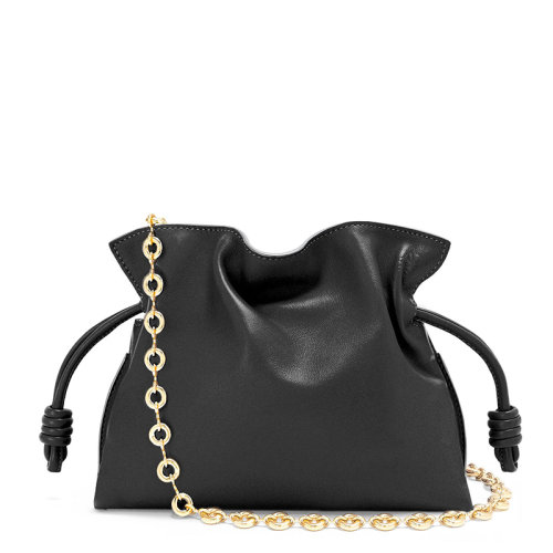 LOEWE/罗意威 22新款Flamenco系列 女士迷你款黑色纳帕小牛皮抽绳单肩手拿链条包A411FC2X41-1100