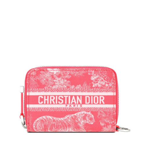 DIOR/迪奥 22秋冬新款Dioriviera系列 女士荧光粉织物饰动物刺绣图案多卡槽拉链开合钱包S5493VNTI_M956