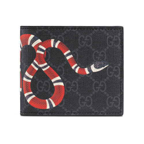 GUCCI/古驰 新款男士黑色帆布珊瑚蛇印花对折钱包 451266K551N1058