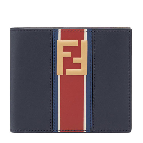 FENDI/芬迪 男士黑色小牛皮深蓝配红条纹字母徽标印花短款钱夹钱包男包 7M0169-A1R2-F0R5Y