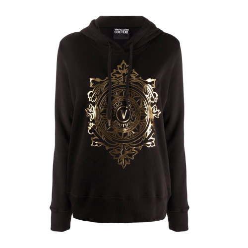 VERSACE JEANS/范思哲牛仔 女士黑色棉质经典字母徽标印花装饰连帽长袖上衣卫衣连帽衫运动衫套头衫 71HAIF05-CF00F-G89
