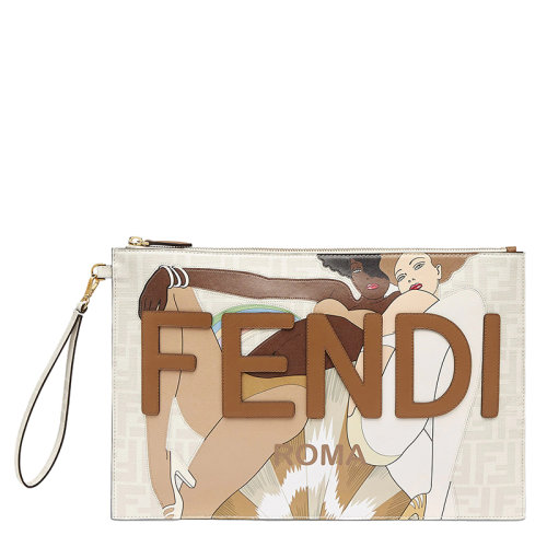 FENDI/芬迪 22春夏新款 女士大号米白色小牛皮老花徽标比基尼女孩手提袋8N0178AJHIF1GF8