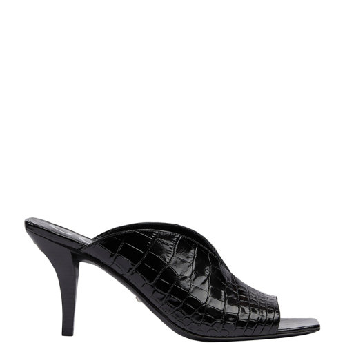 GUCCI/古驰 22年春夏新款 女士黑色皮革鳄鱼纹印花中跟V形方头凉鞋?695309UKQ001000