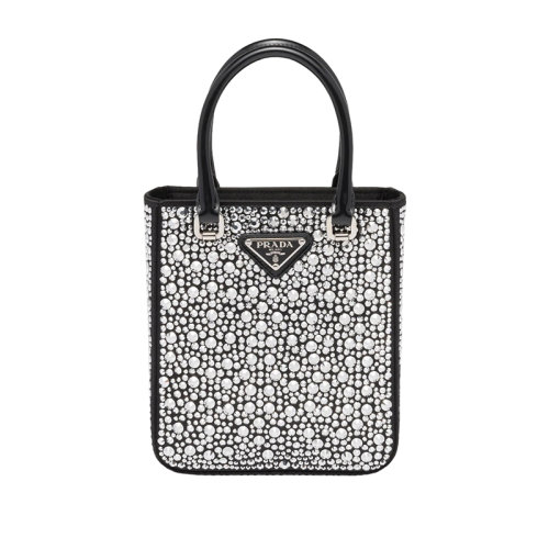 PRADA/普拉达 22新款 女士黑色水晶缎面皮革手柄拆卸调节肩带珐琅徽标手提单肩斜挎包1BA331_2AWL_F063R_V_OOO