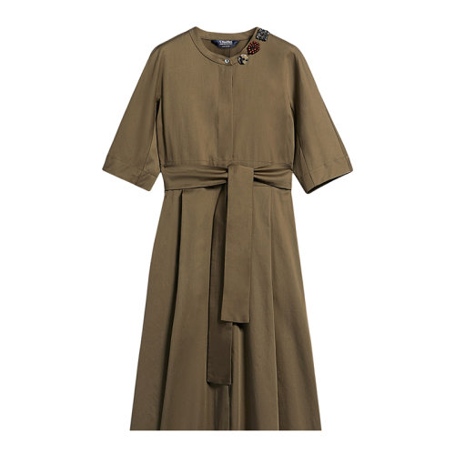 MaxMara/麦丝玛拉 22年秋冬新款 女士鼠尾草绿色纯棉可拆卸刺绣配饰长款连衣裙9226052906006