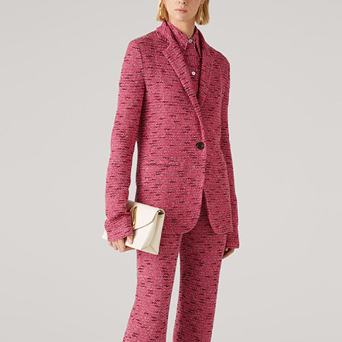 St.John/盛蔷红色花呢针织中长款女士夹克外套K6111D2