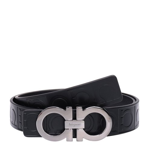 Salvatore Ferragamo/菲拉格慕 男士黑色牛皮压花LOGO标识商务休闲板扣皮带腰带