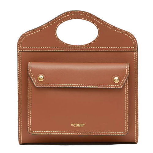 BURBERRY/博柏利   中号缉明线装饰麦棕色皮革口袋包托特手提单肩包80359991