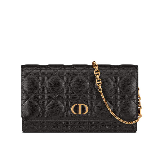 DIOR/迪奥 22新款Caro系列 女士黑色藤格纹柔软小牛皮CD金扣配可拆卸金链单肩手拿链条钱包S5134UWHC_M900